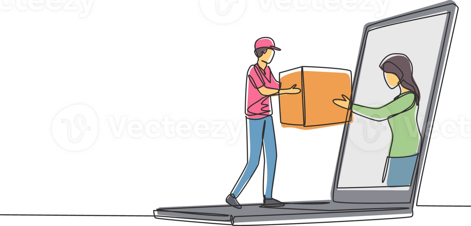 Continuous one line drawing female customer receives boxed package, through laptop screen from male courier. Online delivery service concept. Single line draw design graphic illustration png