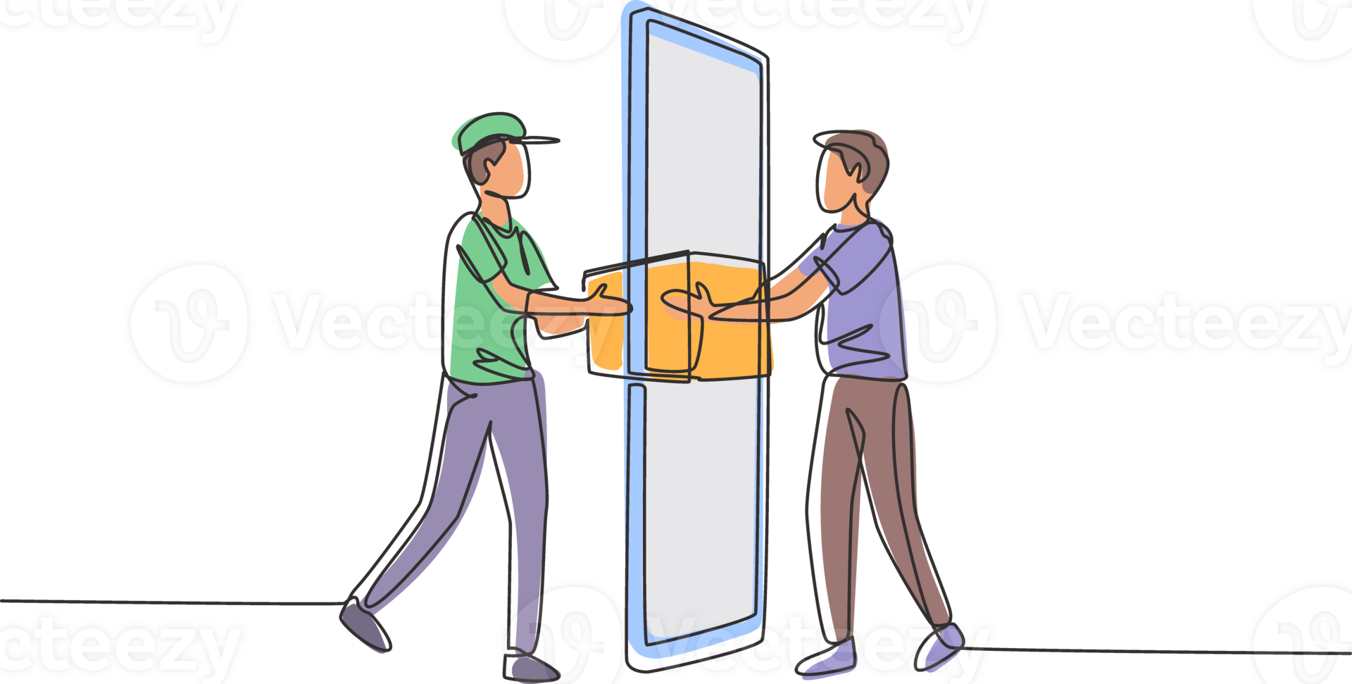 Single one line drawing male courier delivers box package, through smartphone screen to male customer. Online delivery service concept. Modern continuous line draw design graphic illustration png