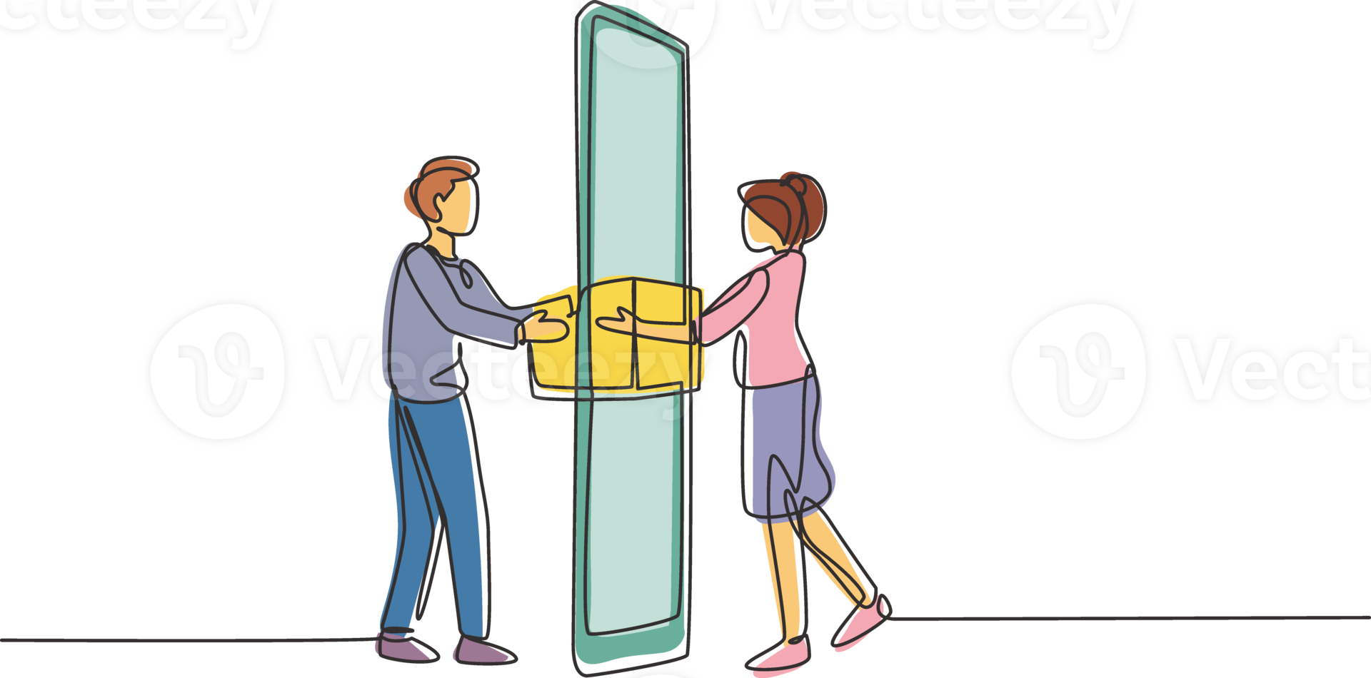 Single continuous line drawing courier delivers box package, through smartphone screen to female customer. Online delivery service concept. Dynamic one line draw graphic design illustration png