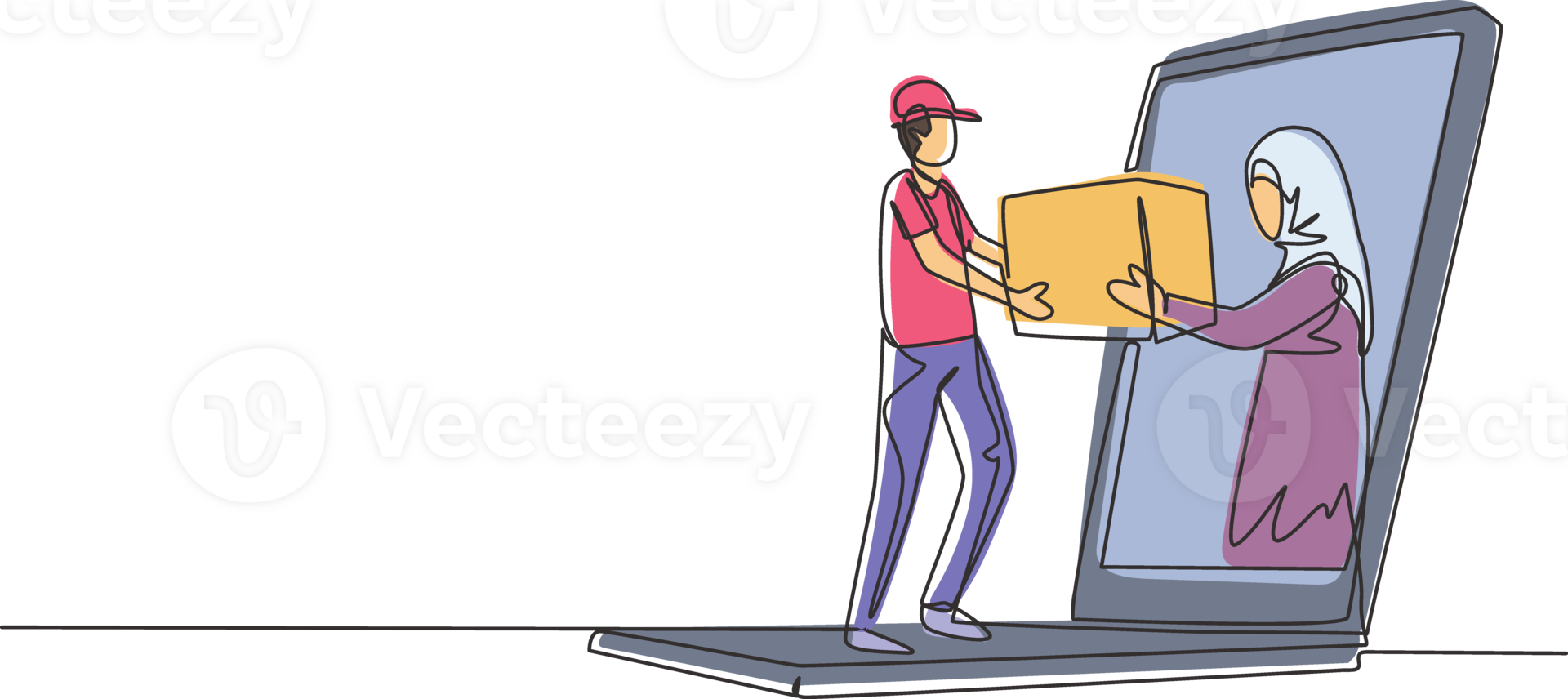 Single continuous line drawing Arabian female customer receives boxed package, through laptop screen from courier. Online delivery service. Dynamic one line draw graphic design illustration png