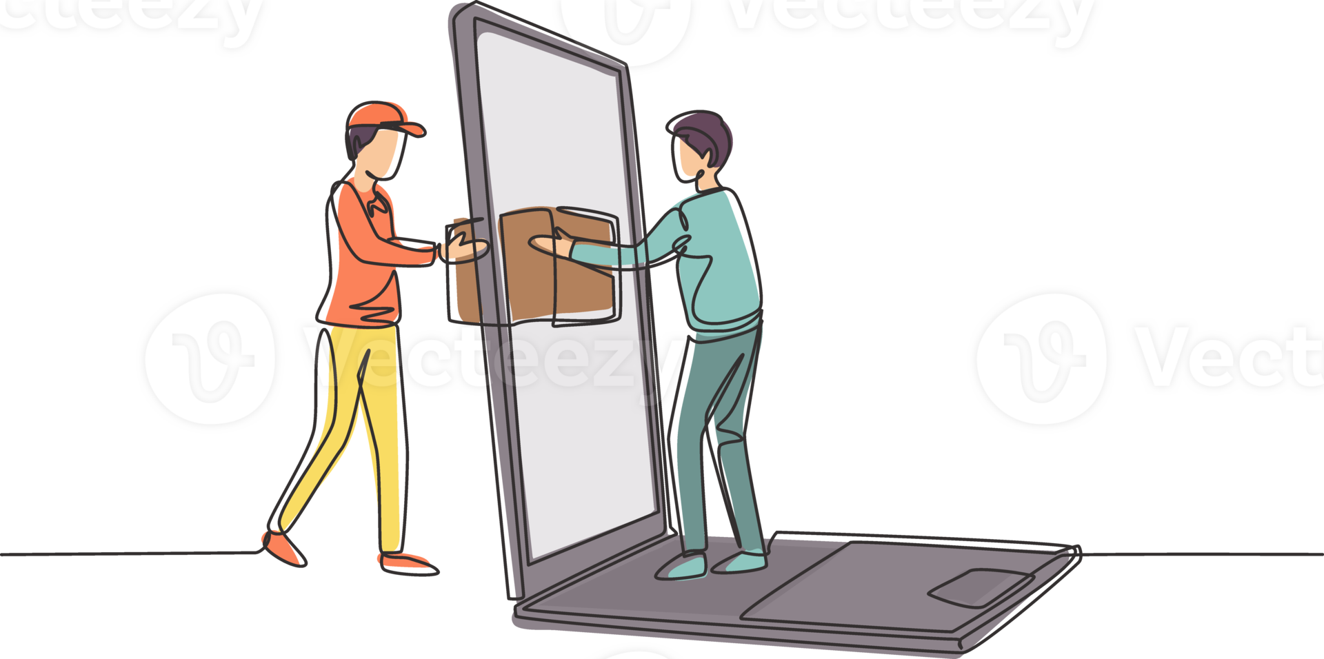 Single continuous line drawing male courier delivers box package, through laptop screen to male customer. Online delivery service concept. Dynamic one line draw graphic design illustration png