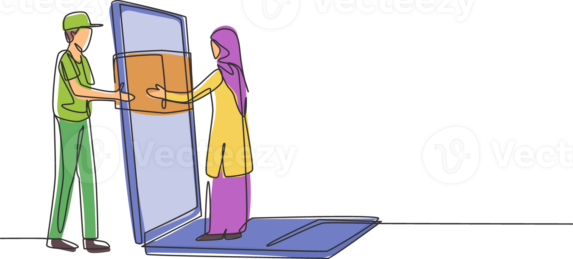 Single continuous line drawing male courier delivers box package, through laptop screen to hijab female customer. Online delivery service. Dynamic one line draw graphic design illustration png