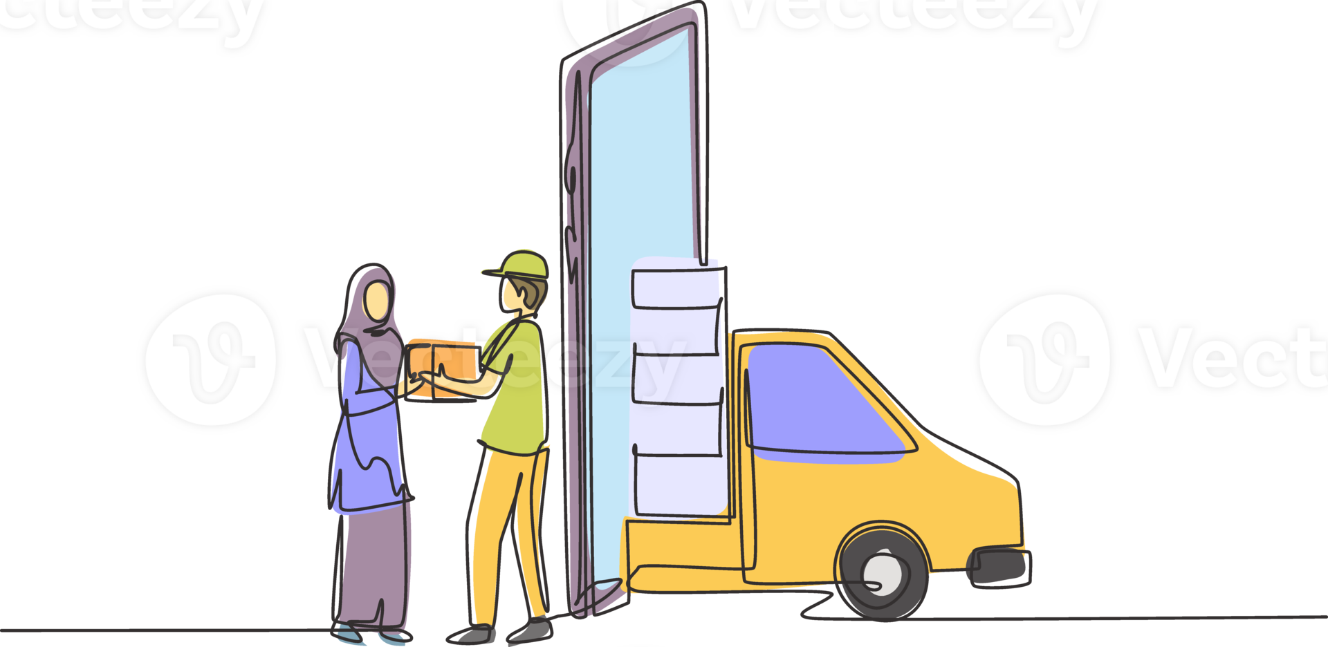 Continuous one line drawing delivery box car comes out partly from laptop screen and male courier gives package box to hijab female customer. Single line draw design graphic illustration png
