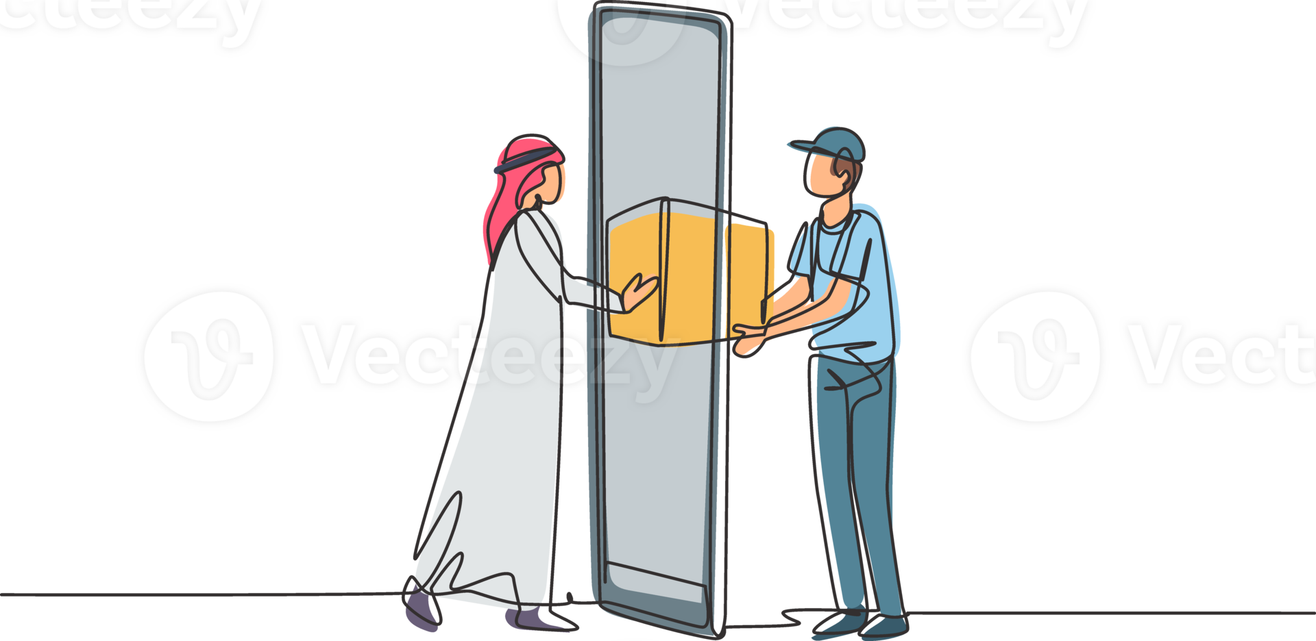 Single continuous line drawing male courier delivers box package, through smartphone to Arabian male customer. Online delivery service concept. Dynamic one line draw graphic design illustration png