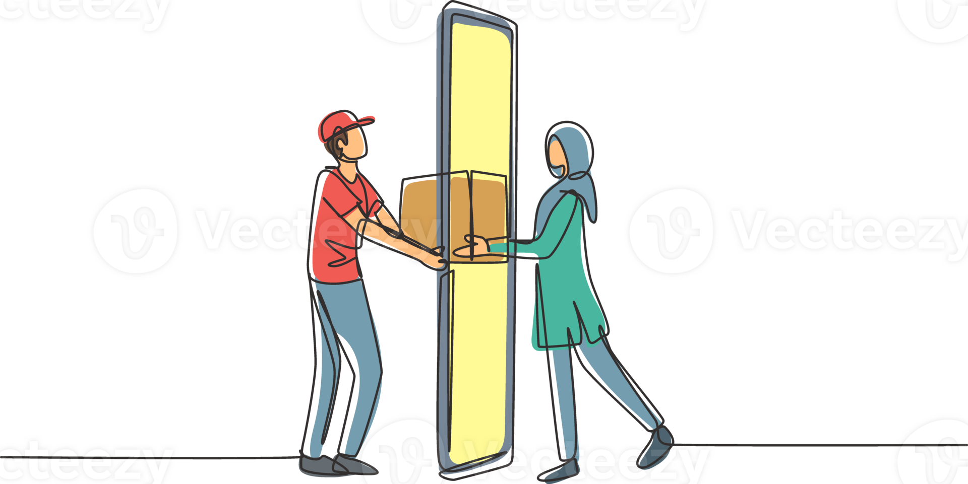 Continuous one line drawing male courier delivers box package, through smartphone screen to hijab female customer. Online delivery service concept. Single line draw design graphic illustration png