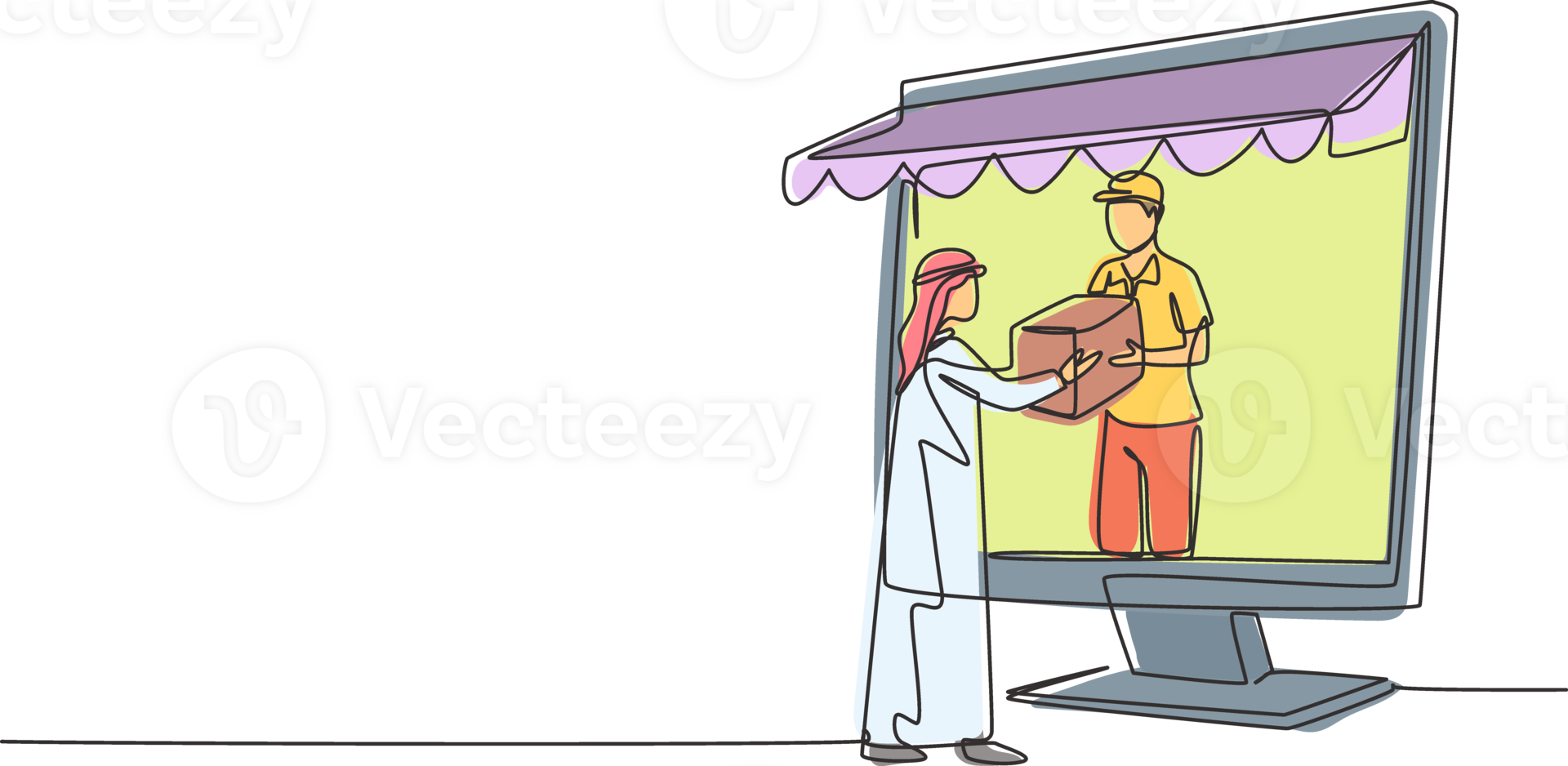 Single continuous line drawing courier comes out of giant monitor screen with canopy and gives package box to Arabic male customer. Online delivery. One line draw graphic design illustration png
