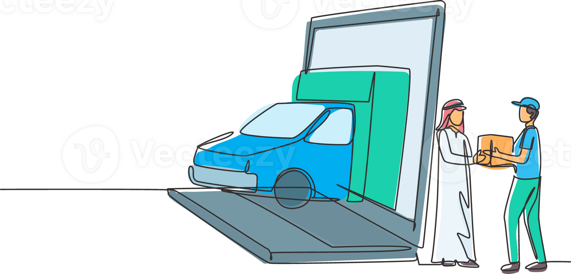 Single continuous line drawing delivery box car comes out partly from laptop screen and male courier gives package box to Arabic male customer. Dynamic one line draw graphic design illustration png