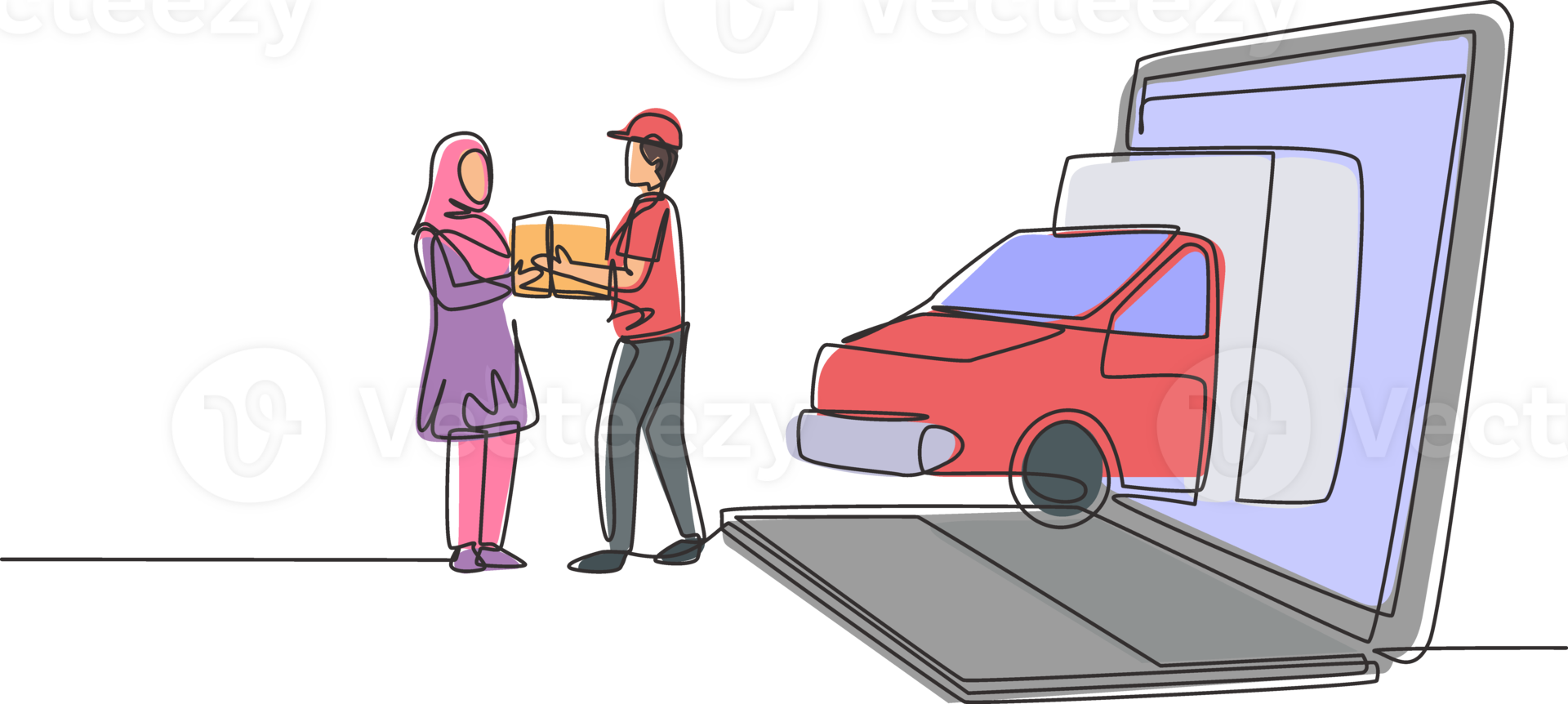 Single continuous line drawing delivery box car comes out partly from laptop screen and courier gives package box to hijab female customer. Dynamic one line draw graphic design illustration png