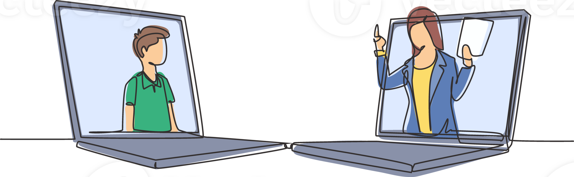 Single one line drawing two laptops are standing in front of each other, one side contains male junior high school student studying and the other contains female teacher teaching. Draw design vector png
