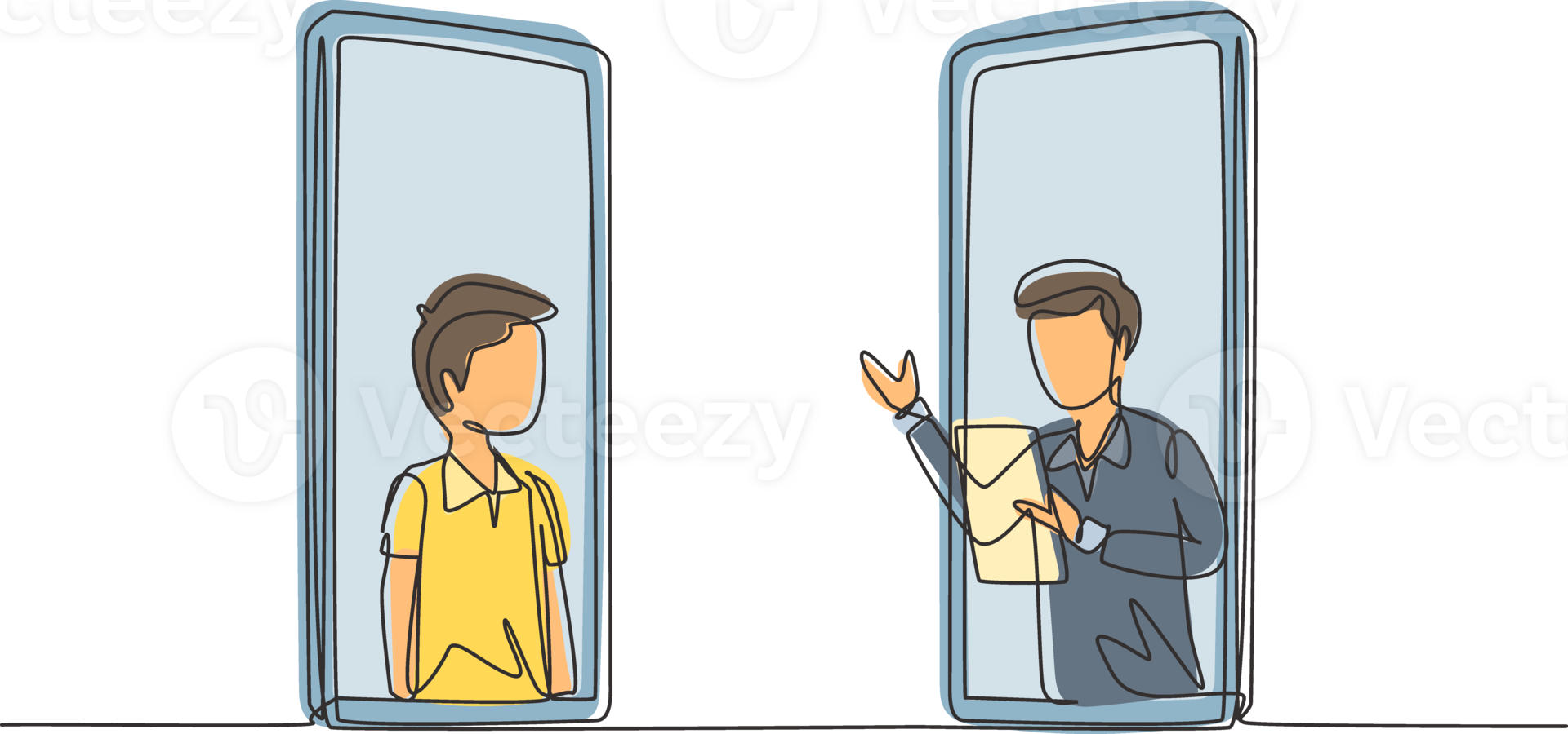 Single one line drawing two smartphones are standing in front of each other, one side contains male junior high school student studying and the other contains male teacher teaching. Draw design vector png