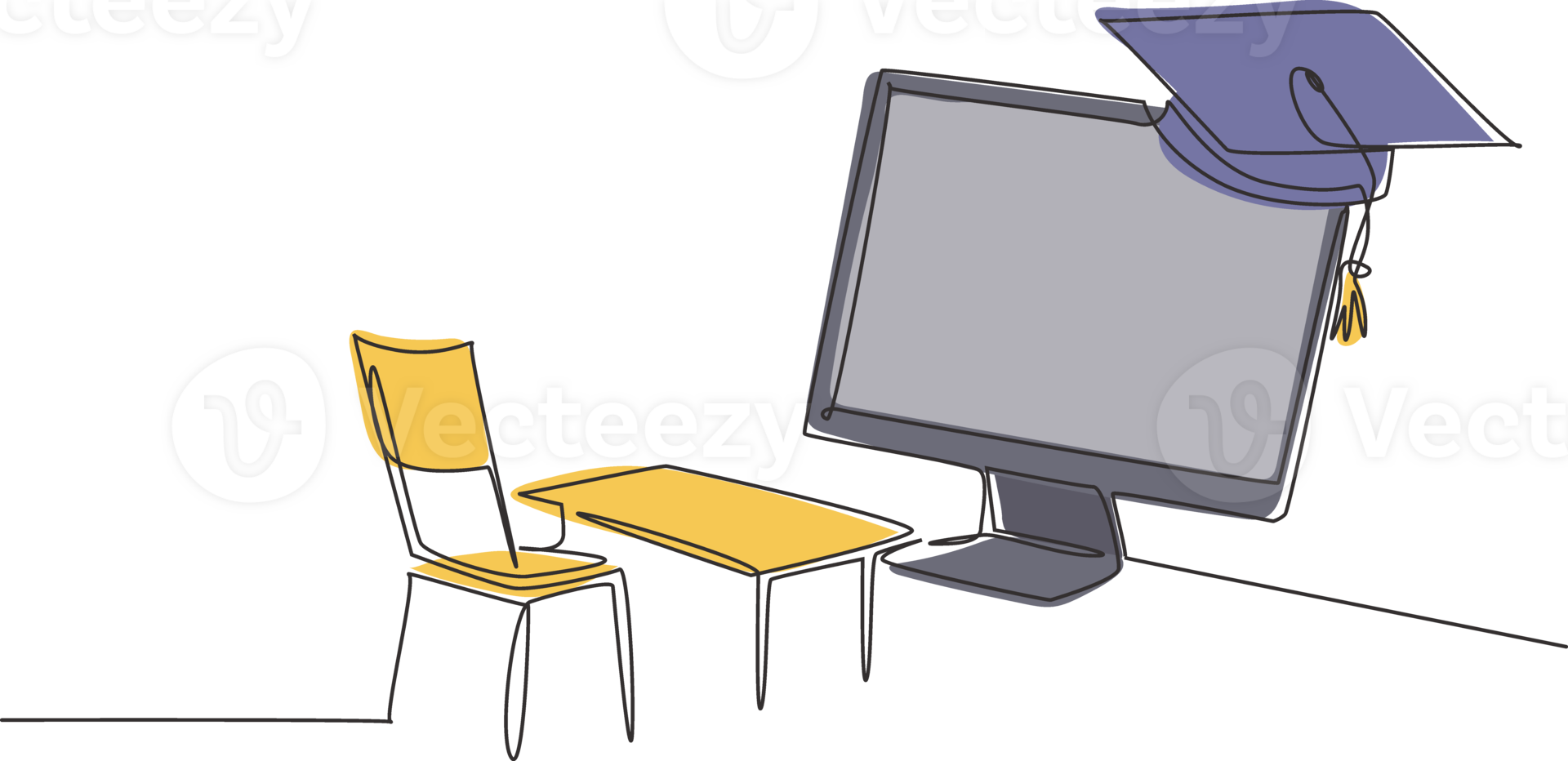 Single one line drawing empty study chairs and desks facing giant monitor screen in which there is blackboard and graduation cap on top. Modern continuous line draw design graphic illustration png