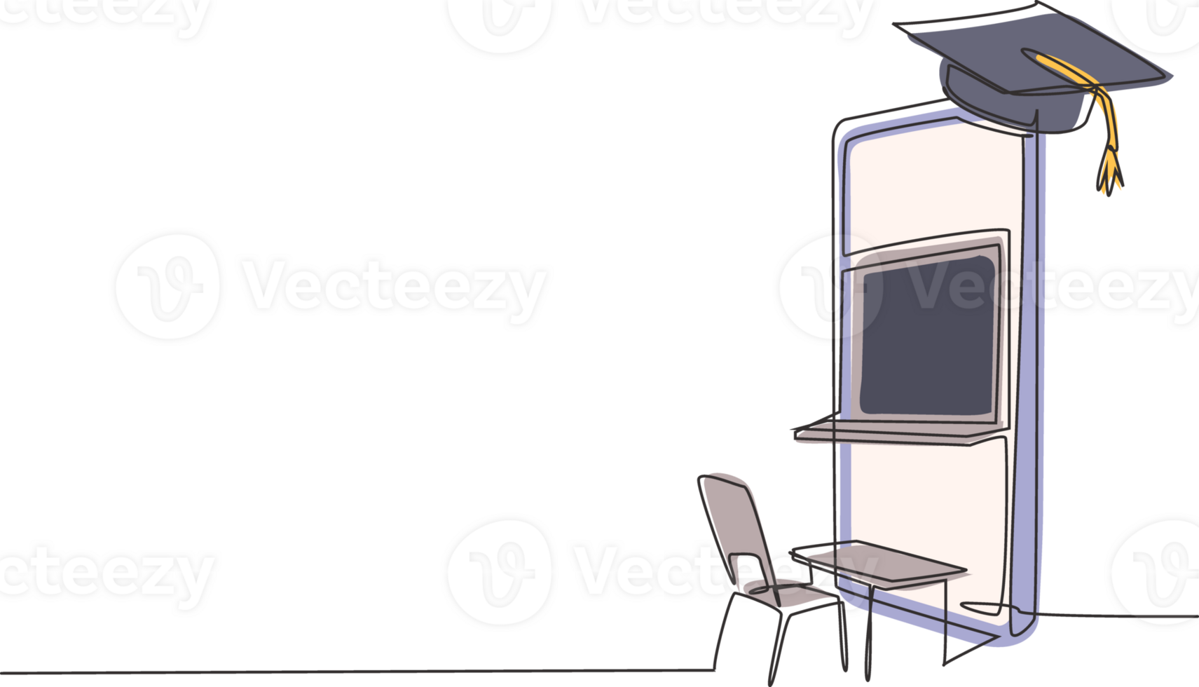 Single continuous line drawing empty study chairs and desks facing smartphone screen in which there is blackboard and graduation cap on top. Dynamic one line draw graphic design illustration png
