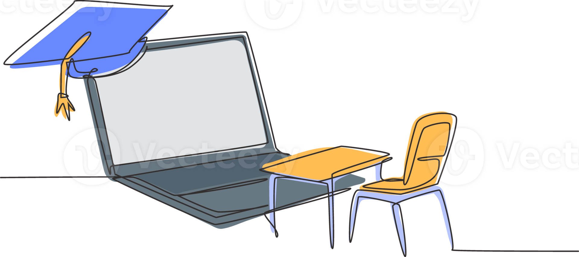Single continuous line drawing empty study chairs and desks facing giant laptop screen in which there is blackboard and graduation cap on top. Dynamic one line draw graphic design illustration png