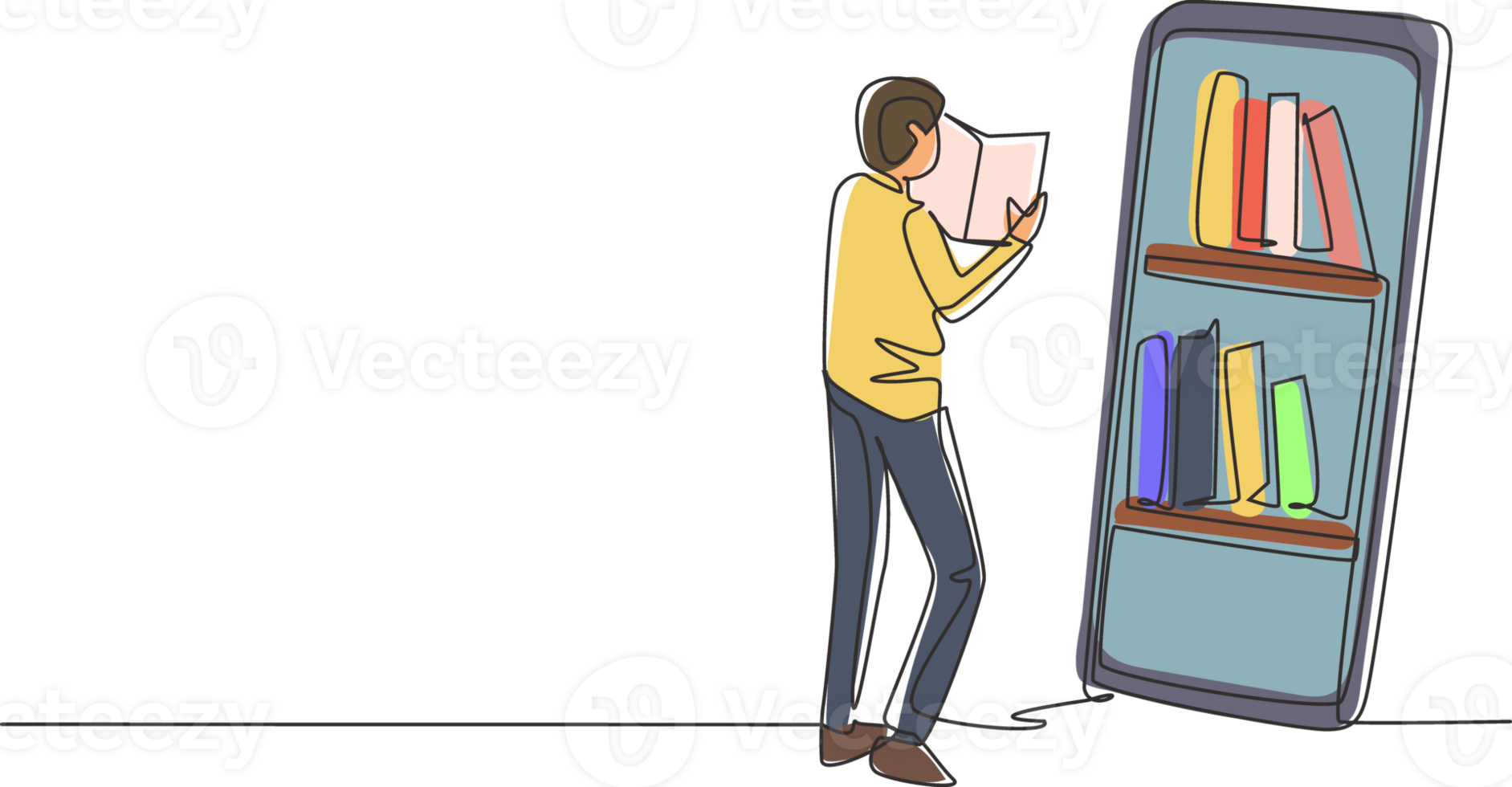 Single one line drawing male student reading book while standing in front of large smartphone with bookshelf on screen. Mobile education. Modern continuous line draw design graphic illustration png