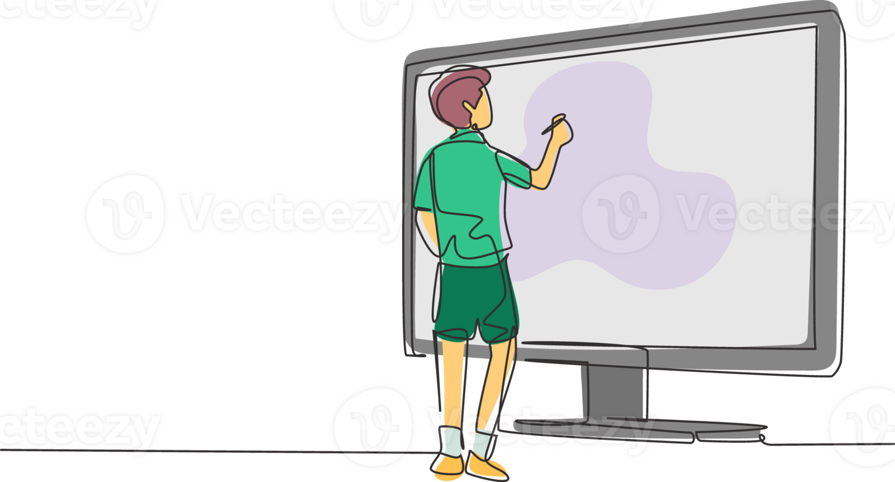 Single continuous line drawing male junior high school student writing on giant monitor screen like he was writing on whiteboard. Learning concept. One line draw graphic design illustration png
