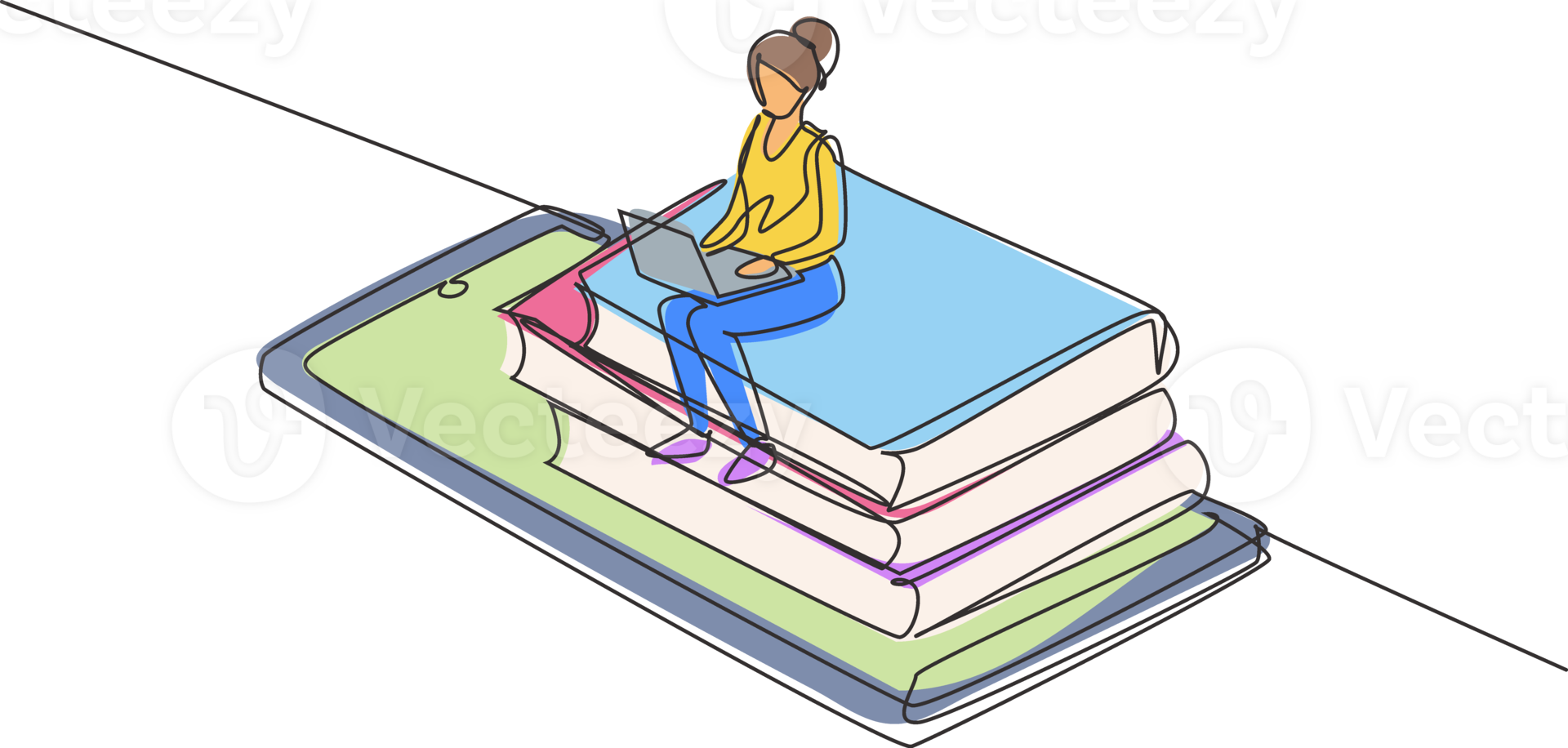 Continuous one line drawing female college student sitting on pile of books while typing on laptop on smartphone. Learning online education concept. Single line draw design graphic illustration png