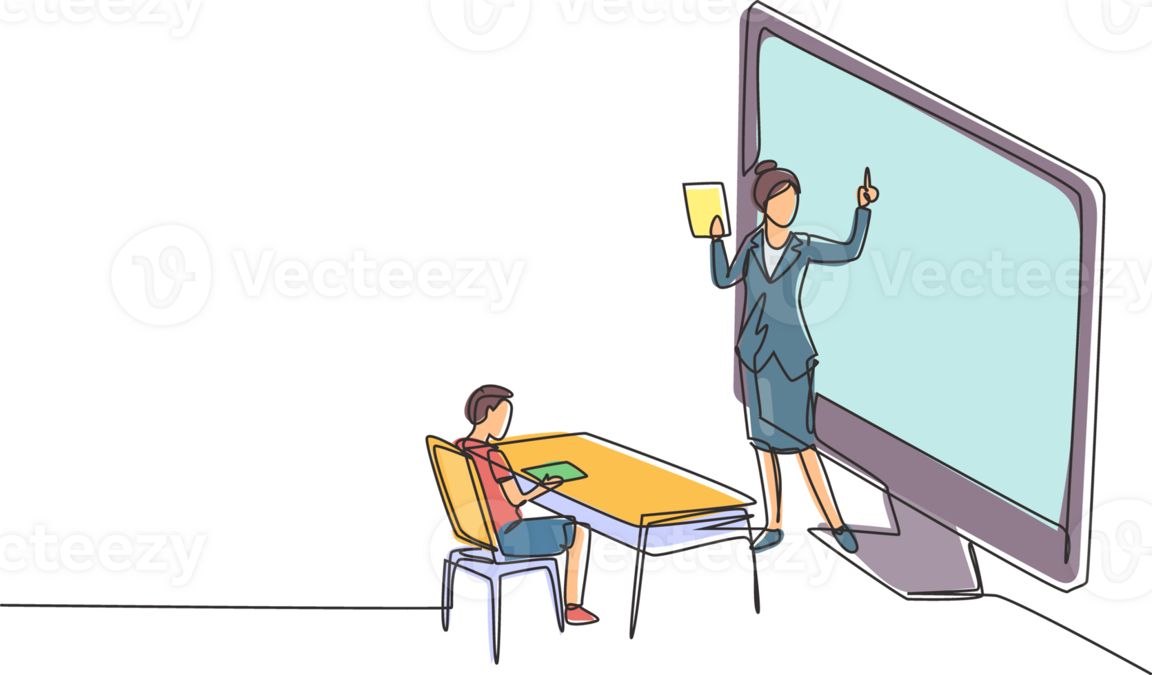 Kontinuierliche einzeilige Zeichnung Lehrerin, die vor dem Bildschirm steht, ein Buch hält und männliche Schüler der Mittelstufe unterrichtet, die auf Bänken um den Schreibtisch sitzen. Einzeiliger Entwurfsvektor png