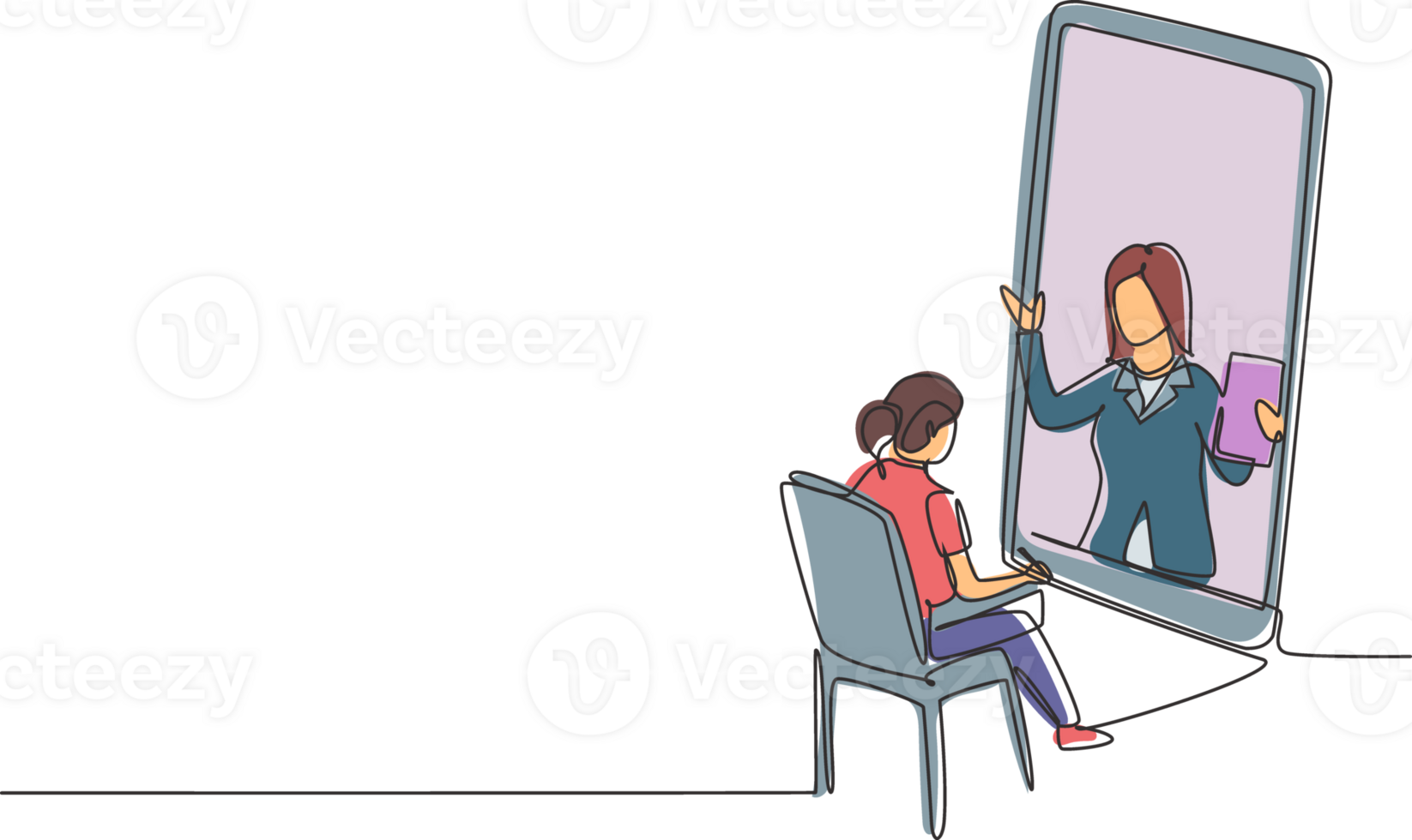 Continuous one line drawing female student sitting studying staring at smartphone screen and inside laptop there is female lecturer who is teaching. Single line draw design graphic illustration png