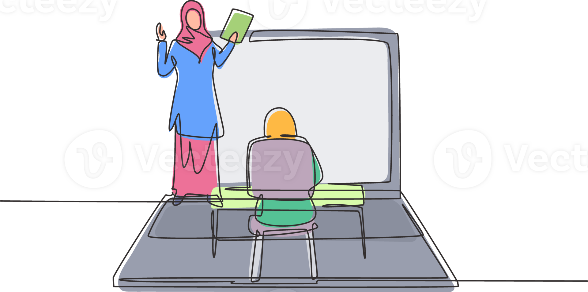 Continuous one line drawing Arabian female teacher standing in front of laptop screen holding book and teaching hijab female students sitting on benches around desk. Single design illustration png