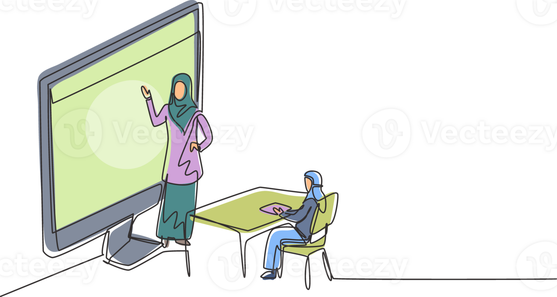 Single one line drawing Arabian female teacher standing in front of monitor screen holding book and teaching hijab female students sitting on benches around desk. Design graphic illustration png