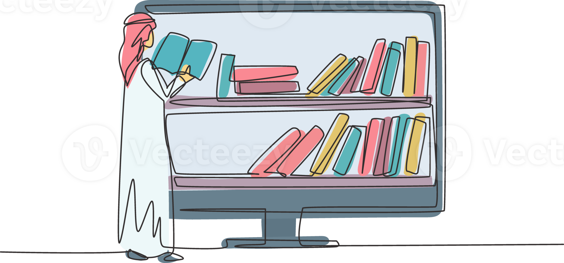 Continuous one line drawing Arab male college student reading book while standing in front of monitor with bookshelf on screen. Education concept. Single line draw design graphic illustration png