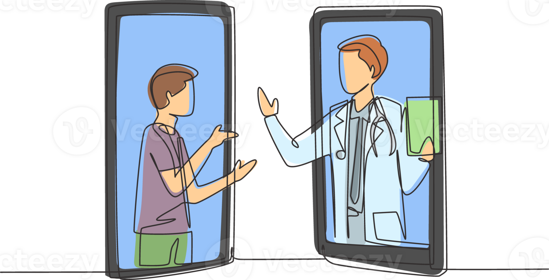 Single continuous line drawing two smartphones face to face and contain male patient and male doctor with their bodies as if coming out of a smartphone. Dynamic one line draw graphic design png