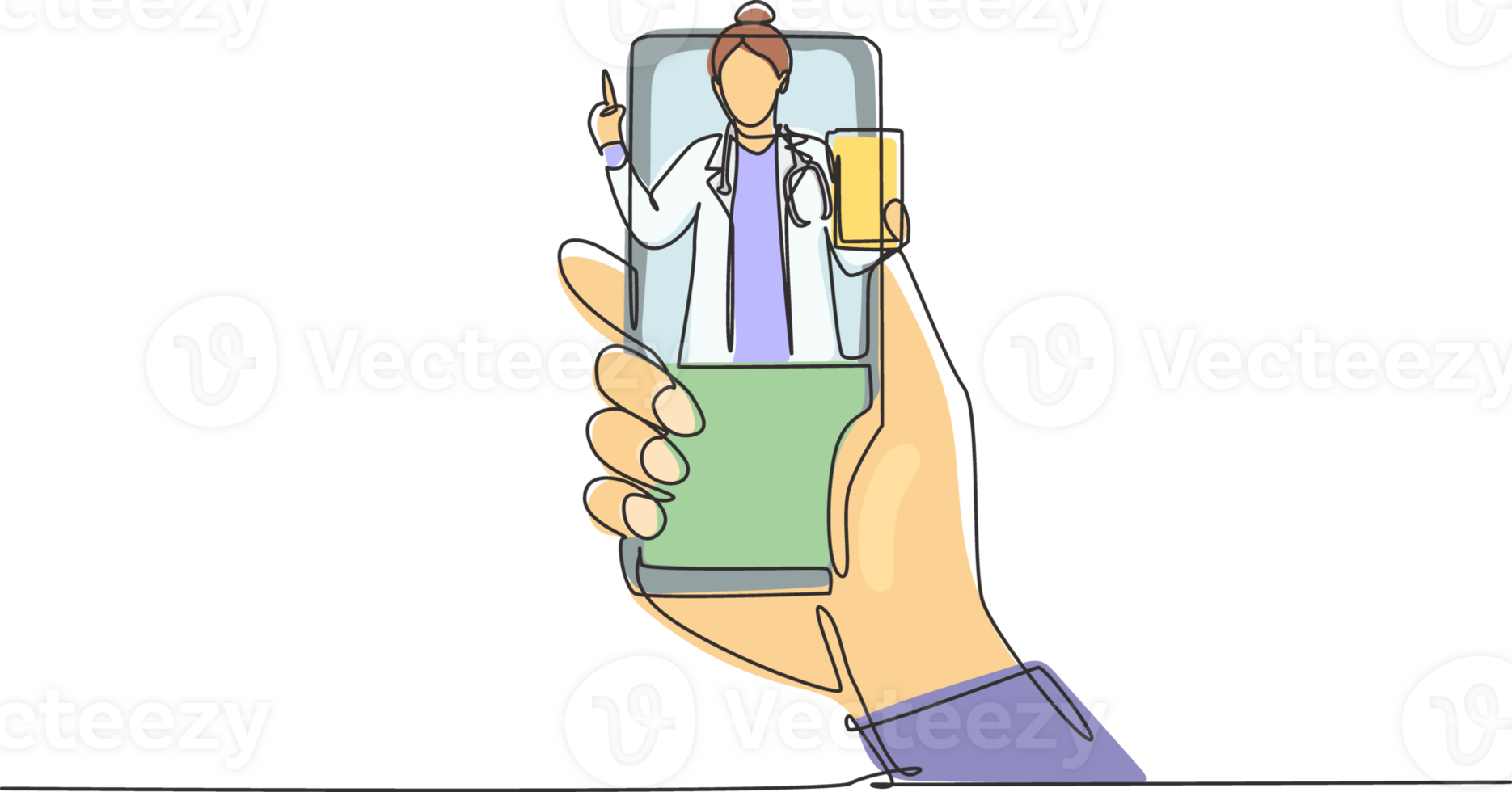 Single one line drawing hand holding smartphone and there is female doctor coming out of smartphone screen holding clipboard. Online consultation concept. Modern continuous draw design graphic png