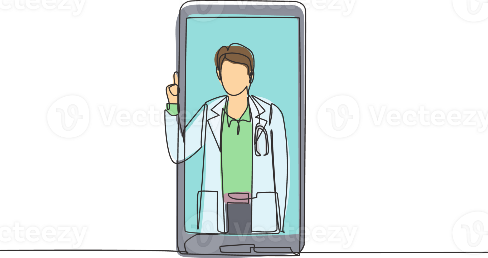 Single continuous line drawing male doctor comes out of smartphone screen while making thumbs up gesture. Online consultation doctor concept. Dynamic one line draw graphic design illustration png