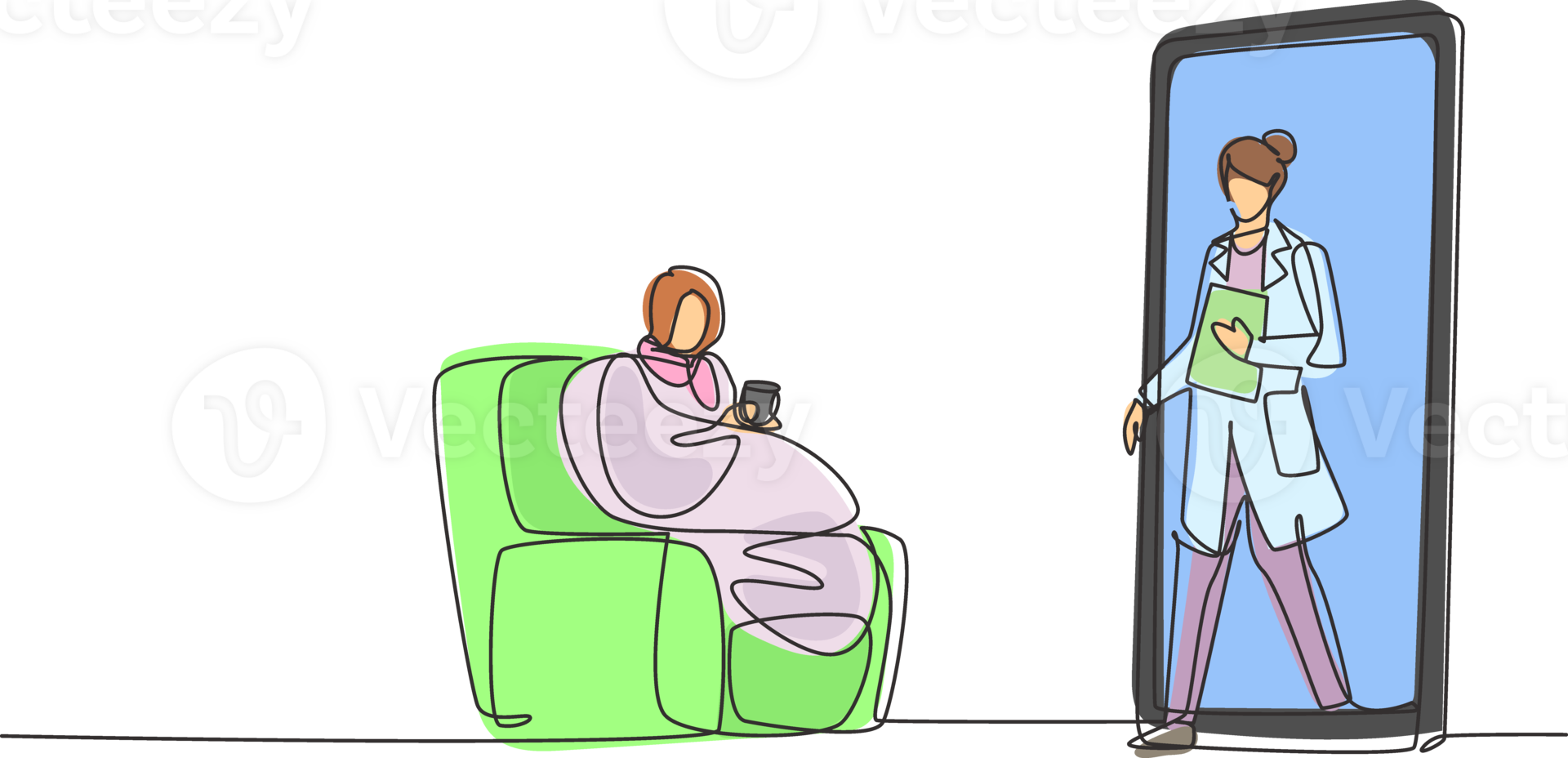 Continuous one line drawing female patient sitting curled up on sofa, using blanket, holding mug and there is female doctor walking out of smartphone, holding clipboard. Single line draw design png