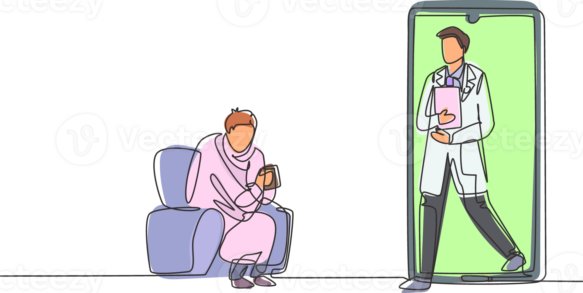 Single one line drawing male patient sitting curled up on sofa, using blanket, holding mug and there is male doctor walking out of smartphone, holding clipboard. Modern continuous line draw design png