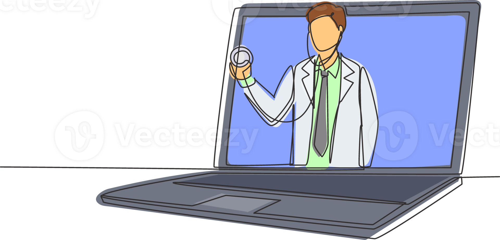 Single continuous line drawing male doctor comes out of laptop screen holding stethoscope. Online medical services, medical consultation. Dynamic one line draw graphic design illustration png