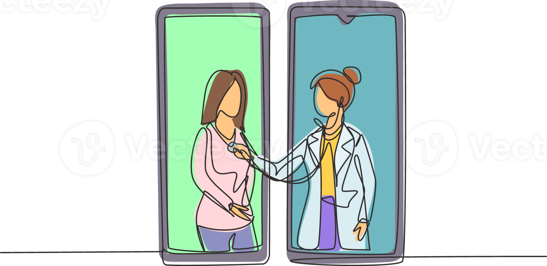 Single continuous line drawing two smartphones facing each other with female doctor checking heart rate of female patient using stethoscope. Dynamic one line draw graphic design illustration png