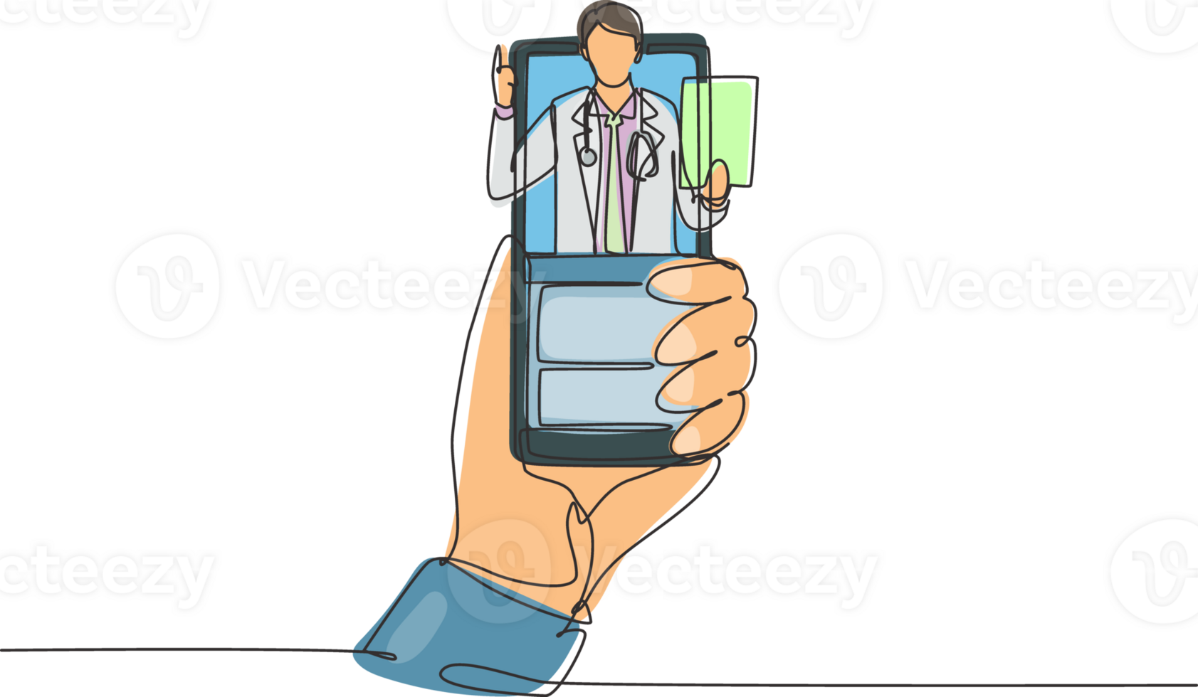 Continuous one line drawing hand holding smartphone and there is male doctor coming out of smartphone screen holding clipboard. Online consultation concept. Single line draw a design graphic png