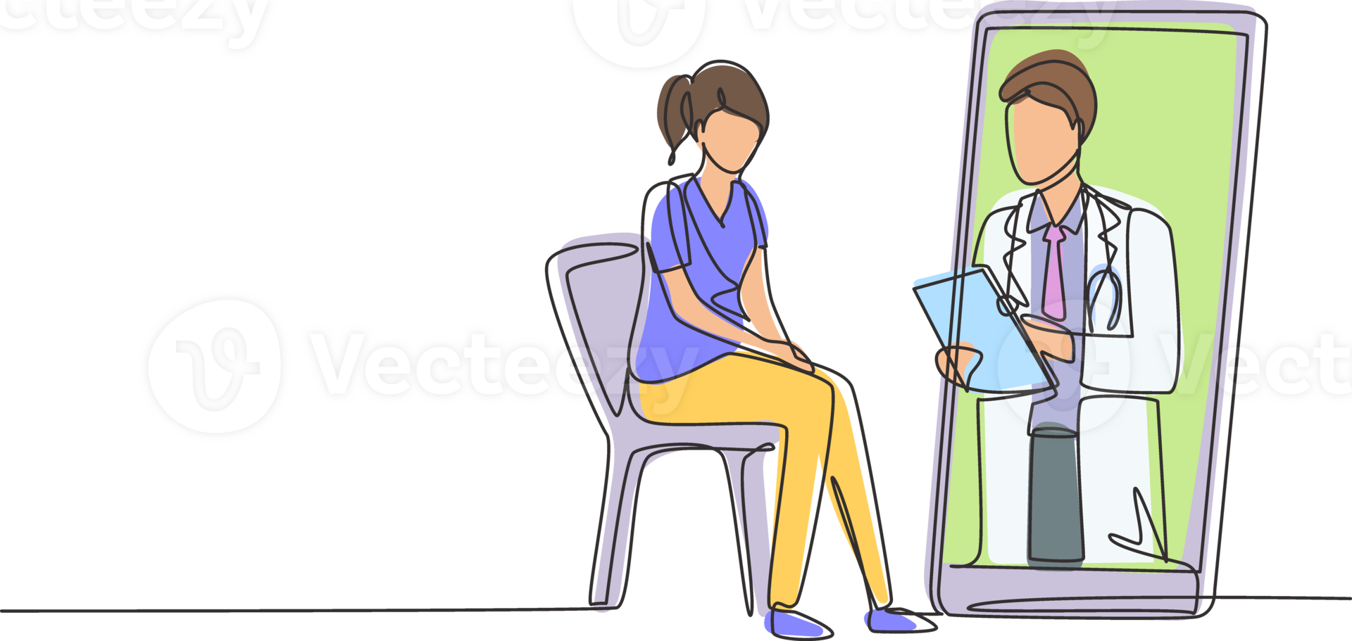Single one line drawing male doctor holding clipboard checking condition of female patient sitting on chair. Online consultation concept. Modern continuous line draw design graphic illustration png