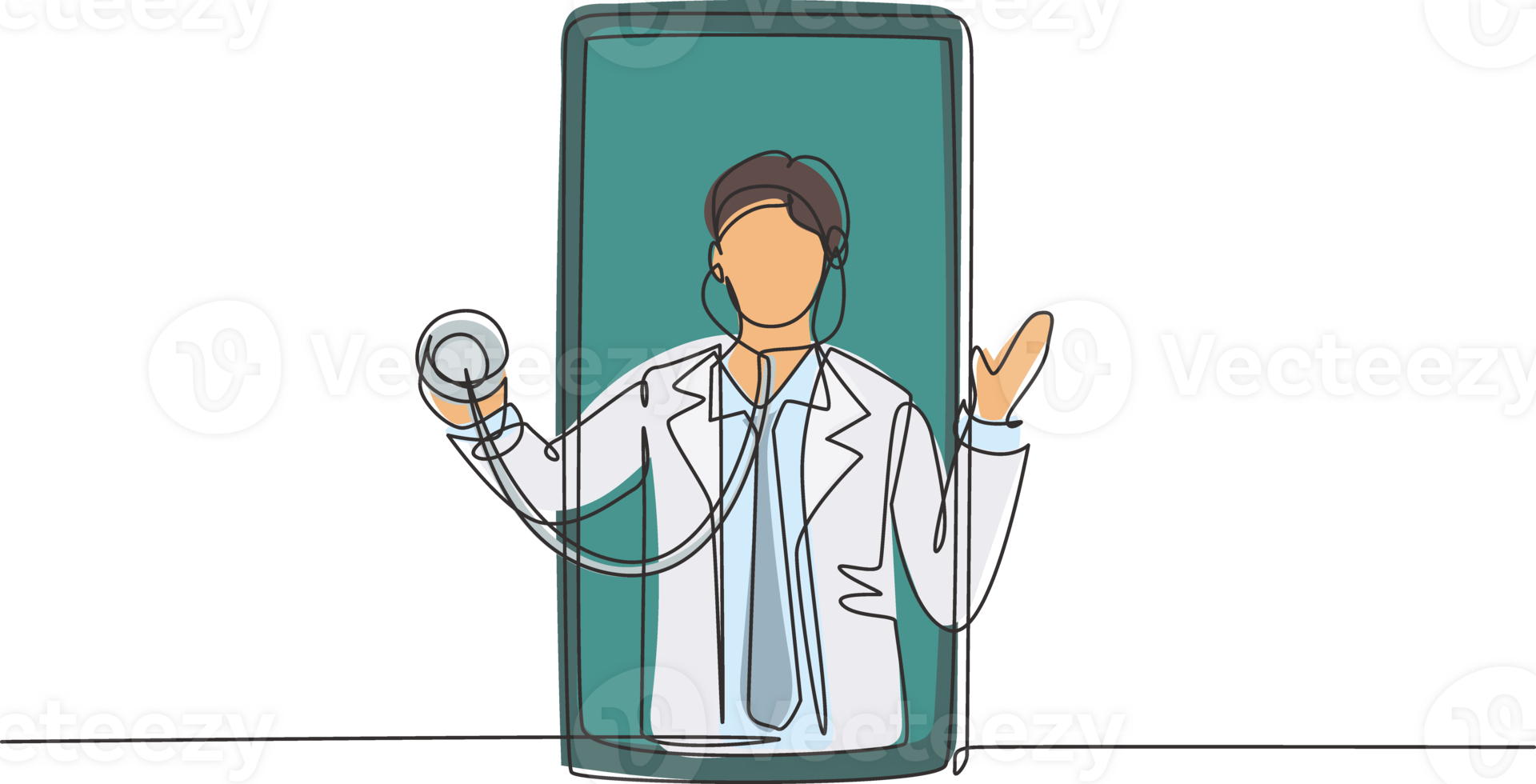 Continuous one line drawing male doctor comes out of smartphone screen holding stethoscope. Online medical services, medical consultation concept. Single line draw design graphic illustration png