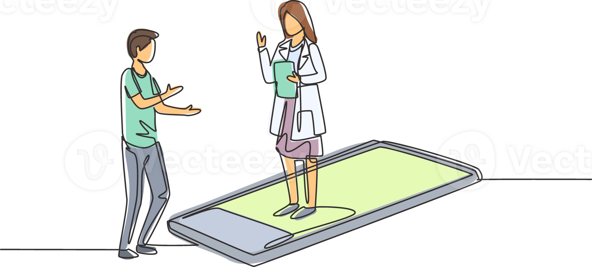 Single continuous line drawing female doctor standing on smartphone, in front of her standing male patient. Online doctor consultation concept. Dynamic one line draw graphic design illustration png