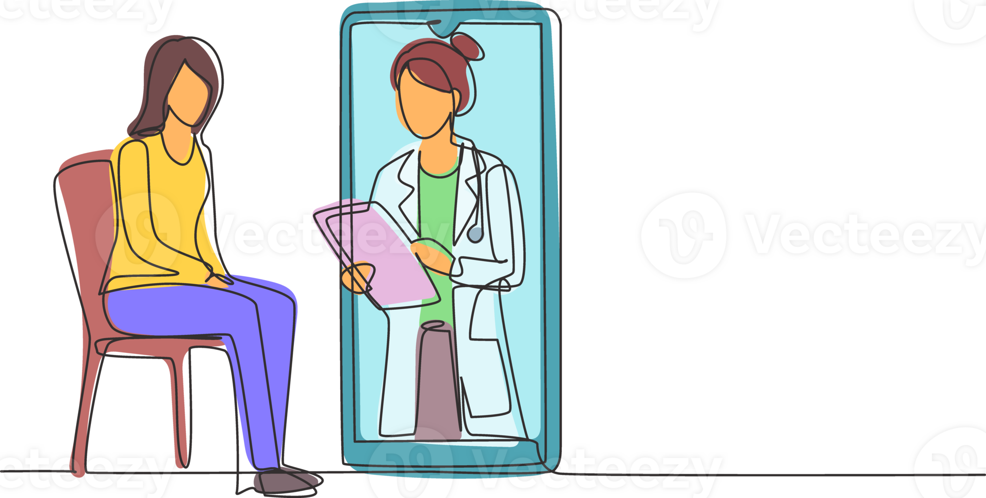 Single continuous line drawing female doctor holding clipboard checking condition of female patient sitting on chair. Online consultation concept. One line draw graphic design illustration png