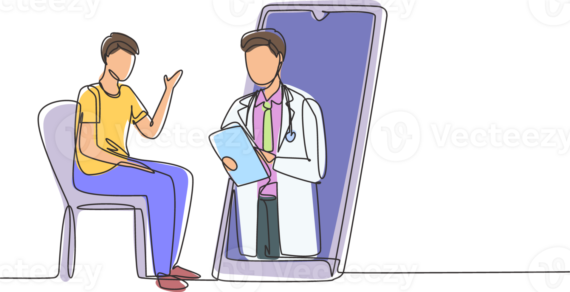 Continuous one line drawing male doctor holding clipboard checking condition of male patient sitting on chair. Online doctor consultation concept. Single line draw design graphic illustration png