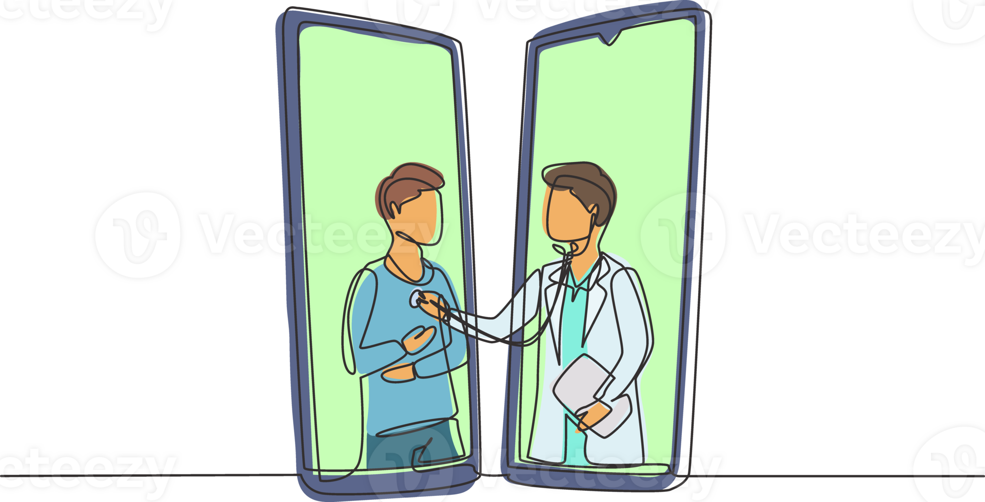 Single one line drawing two smartphones facing each other with male doctor checking heart rate of male patient using stethoscope. Online doctor. Continuous line draw design graphic illustration png