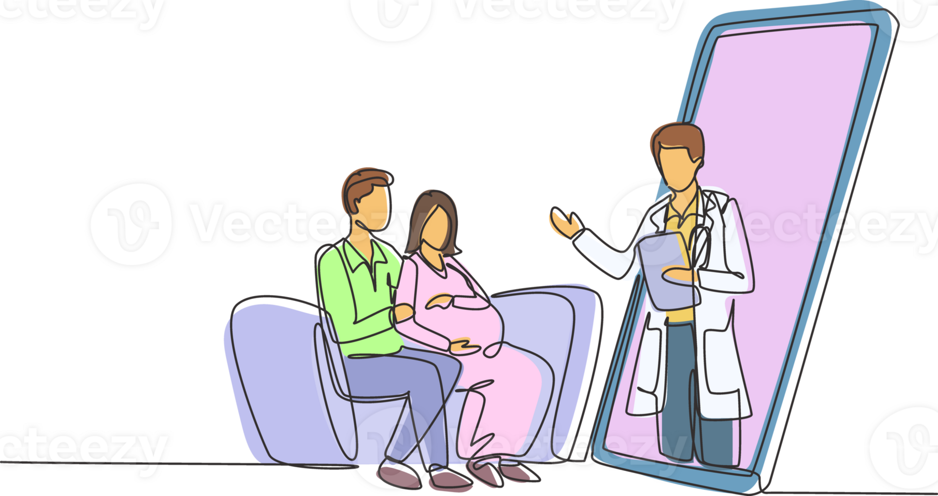 Single one line drawing male doctor comes out from smartphone screen facing patient and gives consultation to patient young couple with pregnant wife. Modern continuous line draw design graphic png