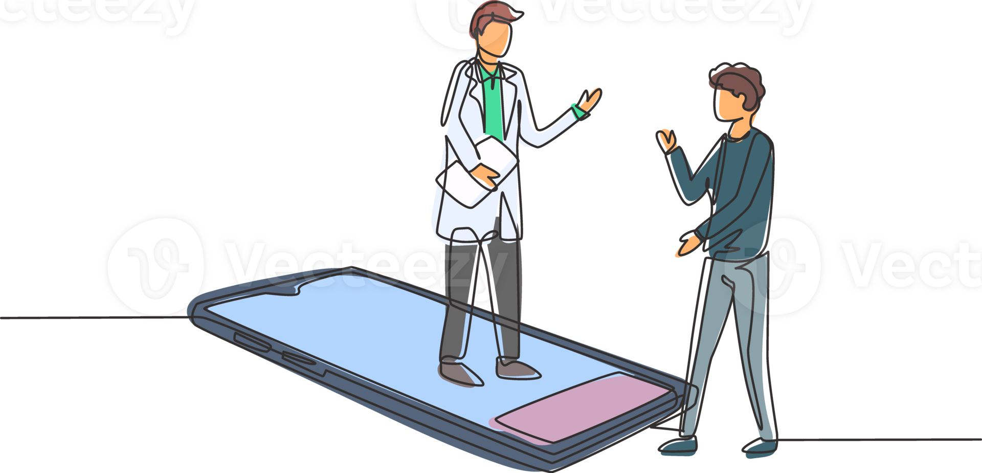 Single continuous line drawing male doctor standing on smartphone, in front of his standing male patient. Online medical services and consultation. One line draw graphic design illustration png