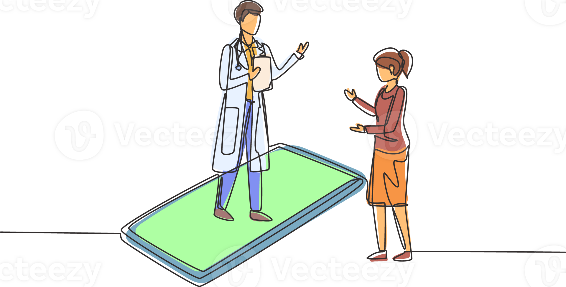 Single one line drawing male doctor standing on smartphone, in front of his standing female patient. Online medical consultation concept. Modern continuous line draw design graphic illustration png