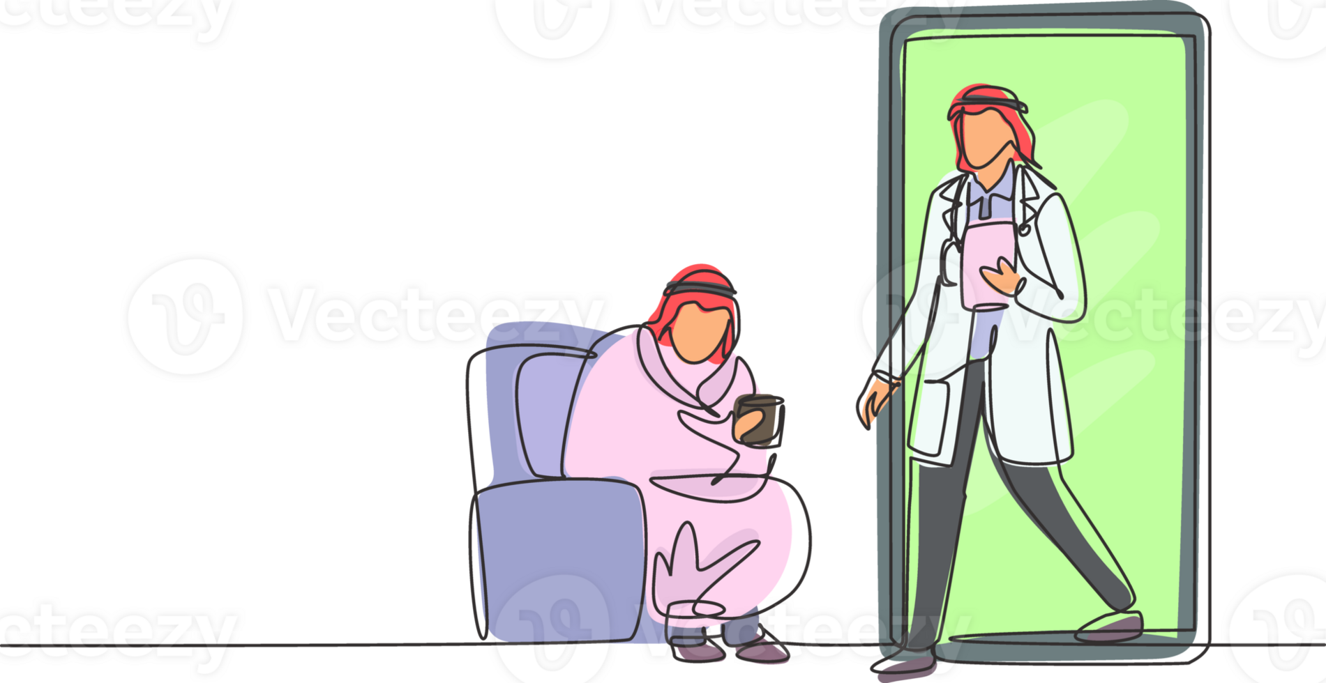 Single one line drawing Arabian male patient sitting curled up on sofa, using blanket, holding mug and there is male doctor walking out of smartphone, holding clipboard. Modern continuous line draw png