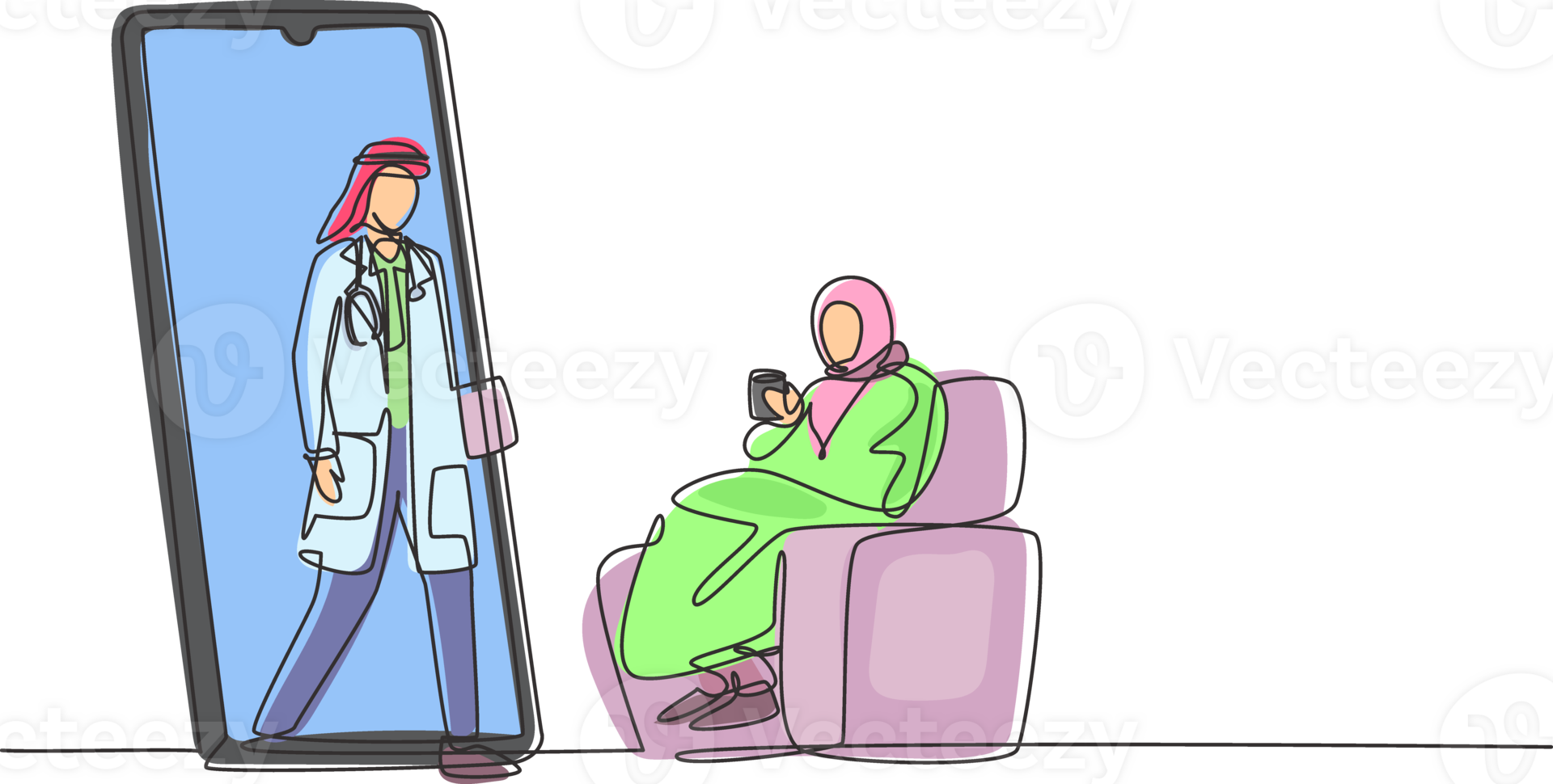 Single one line drawing hijab female patient sitting curled up on sofa, using blanket, holding mug and there is male doctor walking out of smartphone, holding clipboard. Modern continuous line draw png