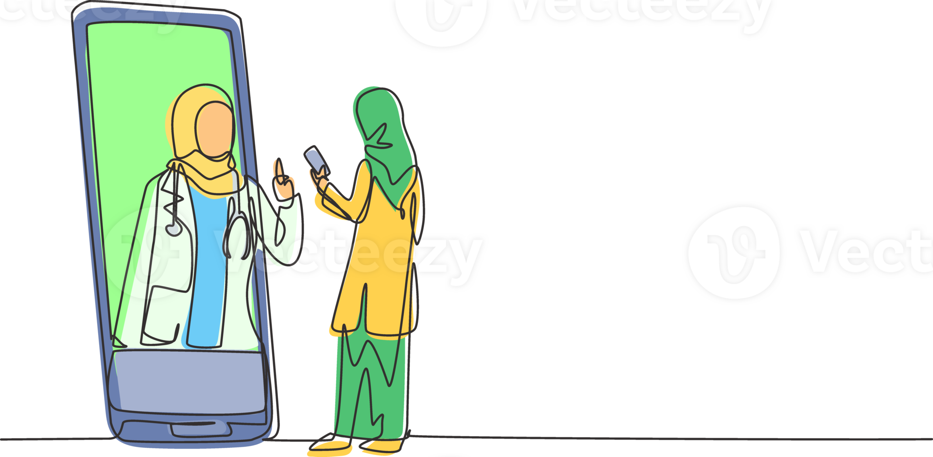 Continuous one line drawing hijab female patient holding smartphone standing facing giant smartphone and consulting female doctor. Doctor online. Single line draw design graphic illustration png