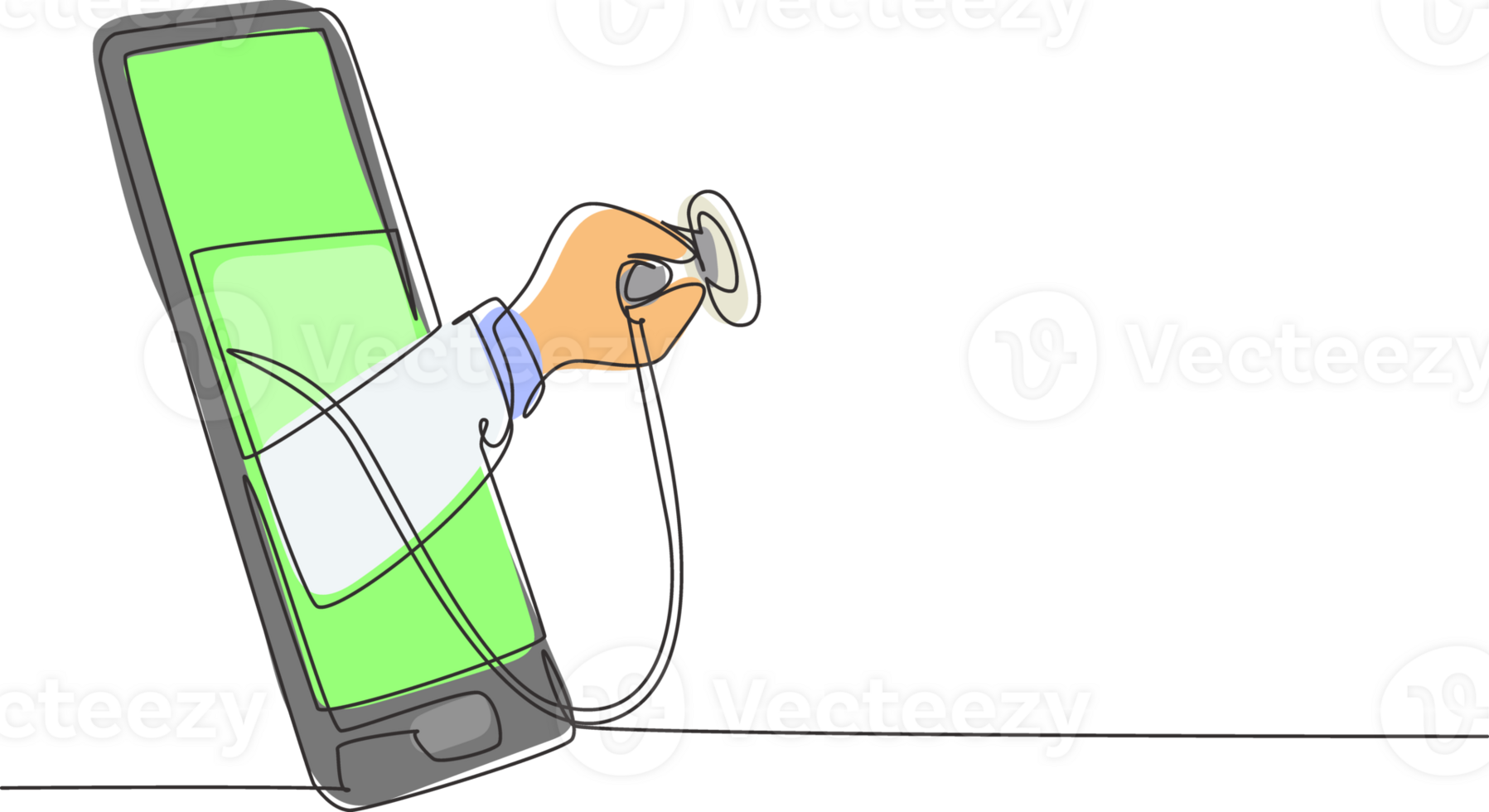 Single one line drawing doctor's hand out of smartphone screen holding stethoscope. Medical diagnostics concept analysis, research. Modern continuous line draw design graphic illustration png