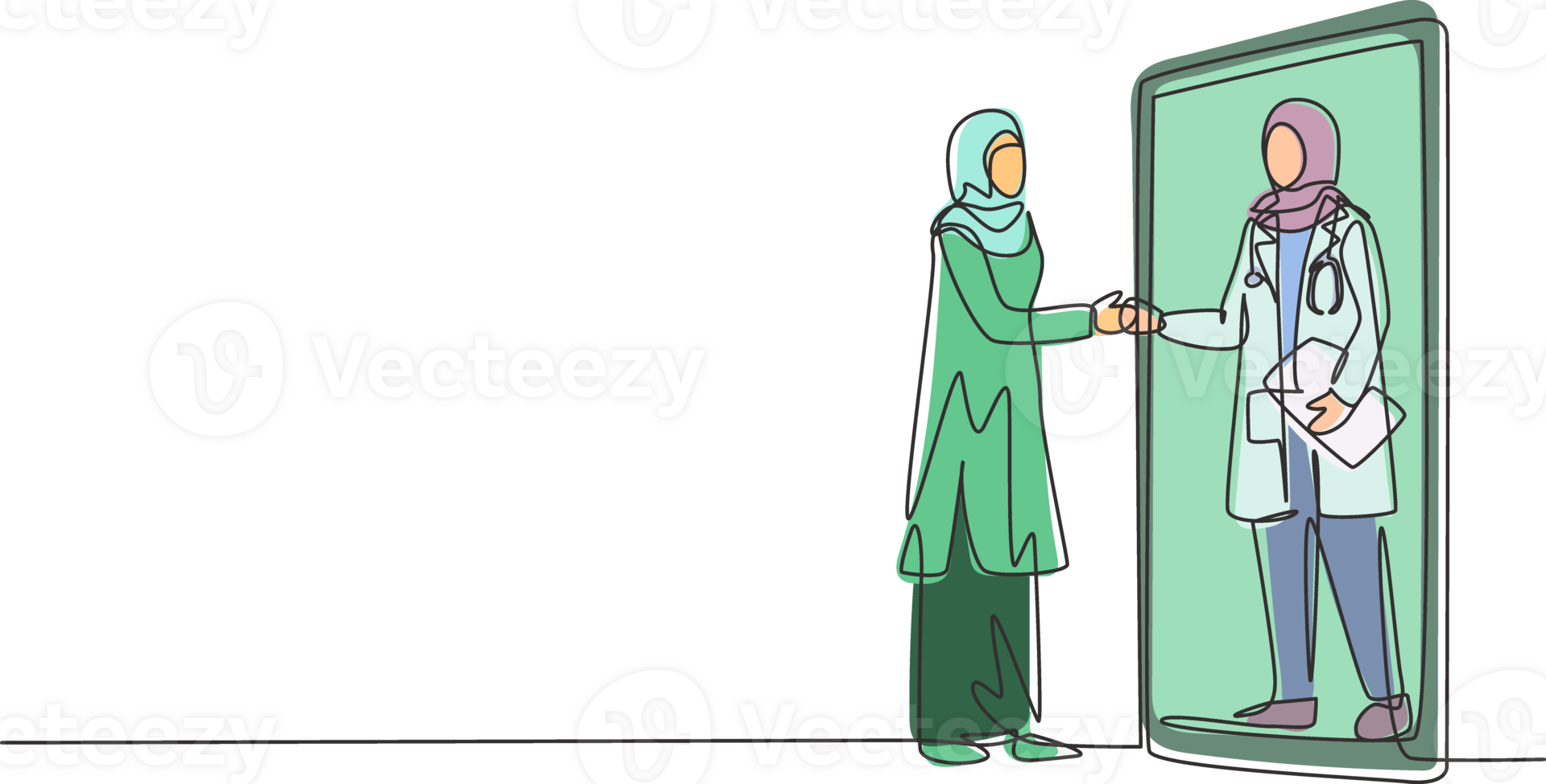 Continuous one line drawing hijab female patient shaking hands with female doctor in smartphone holding clipboard. Online medical consultation. Single line draw design graphic illustration png