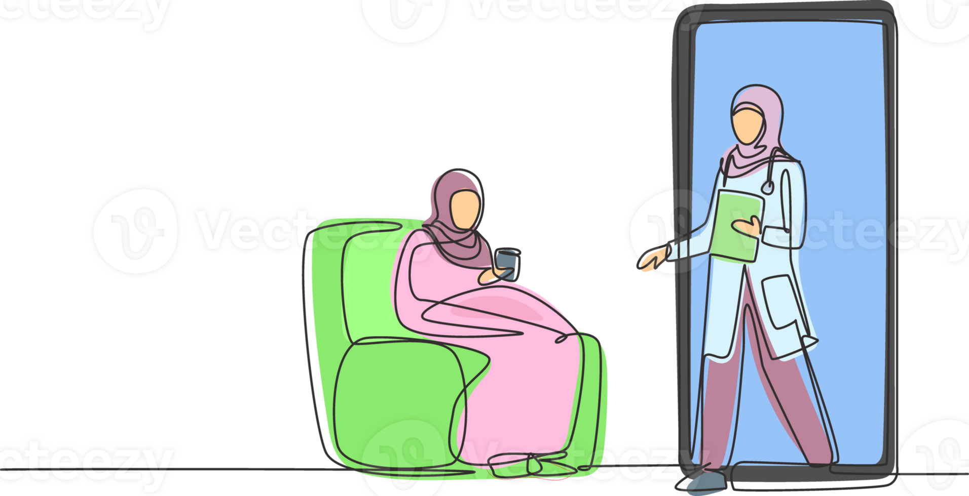 Single continuous line drawing hijab female patient sitting curled up on sofa, using blanket, holding mug and there is female doctor walking out of smartphone, holding clipboard. One line draw graphic png