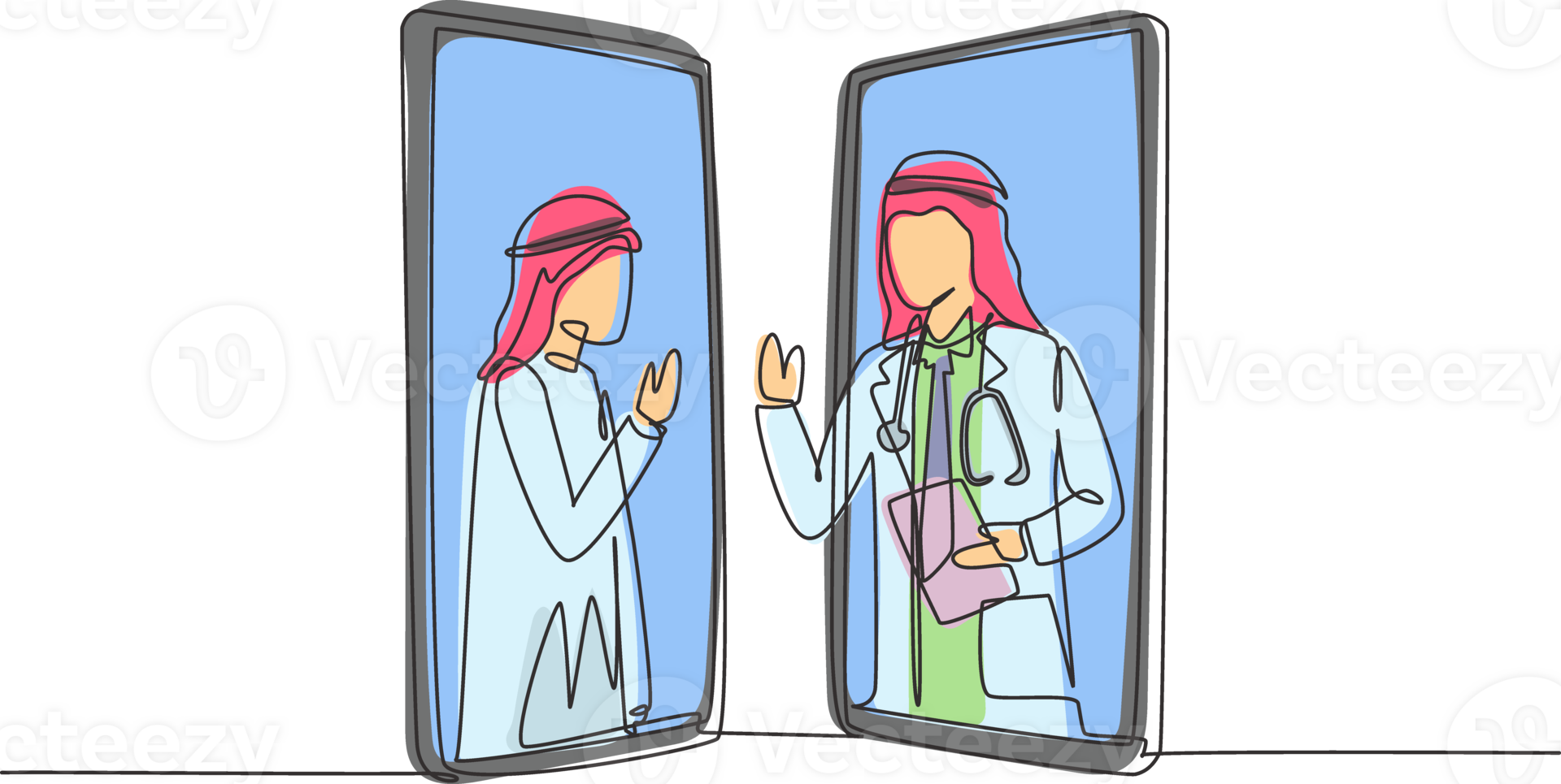 Single one line drawing two smartphones face to face and contain Arabian male patient and Arab male doctor with their bodies as if coming out of smartphone. Modern continuous line draw design graphic png
