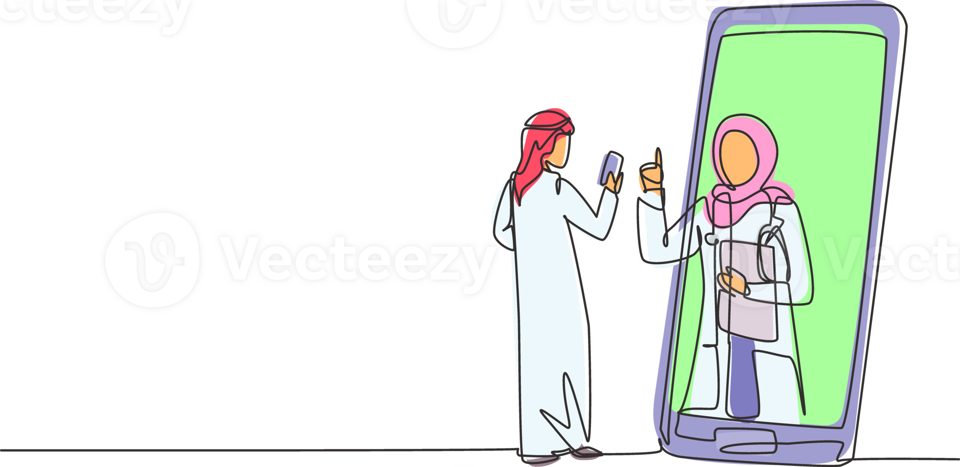 Single continuous line drawing Arab male patient holding smartphone standing facing giant smartphone and consulting female doctor. Doctor online. Dynamic one line graphic design illustration png